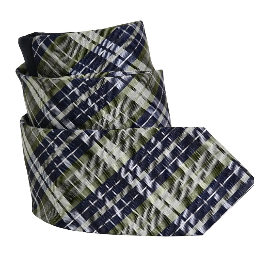 CHAPS Men's Silk‎ Blend Skinny Necktie Designer Plaid Green Navy EUC